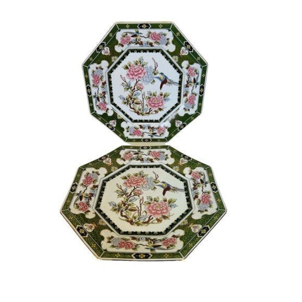 Vintage Octagon Green Dinner Plate Peonies Bird AA Importing Co Made In Japan‎